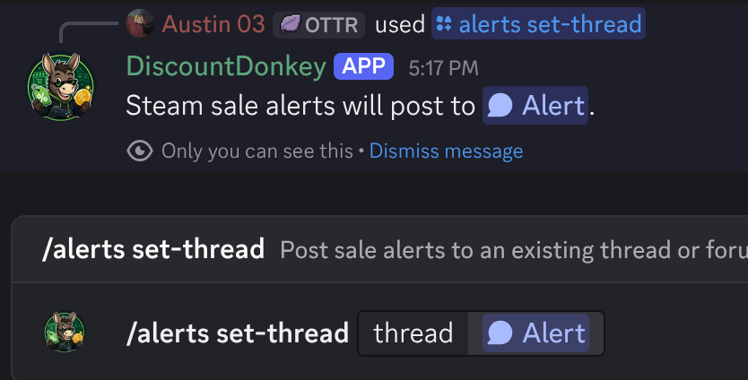 DiscountDonkey command adding a thread as the alert destination