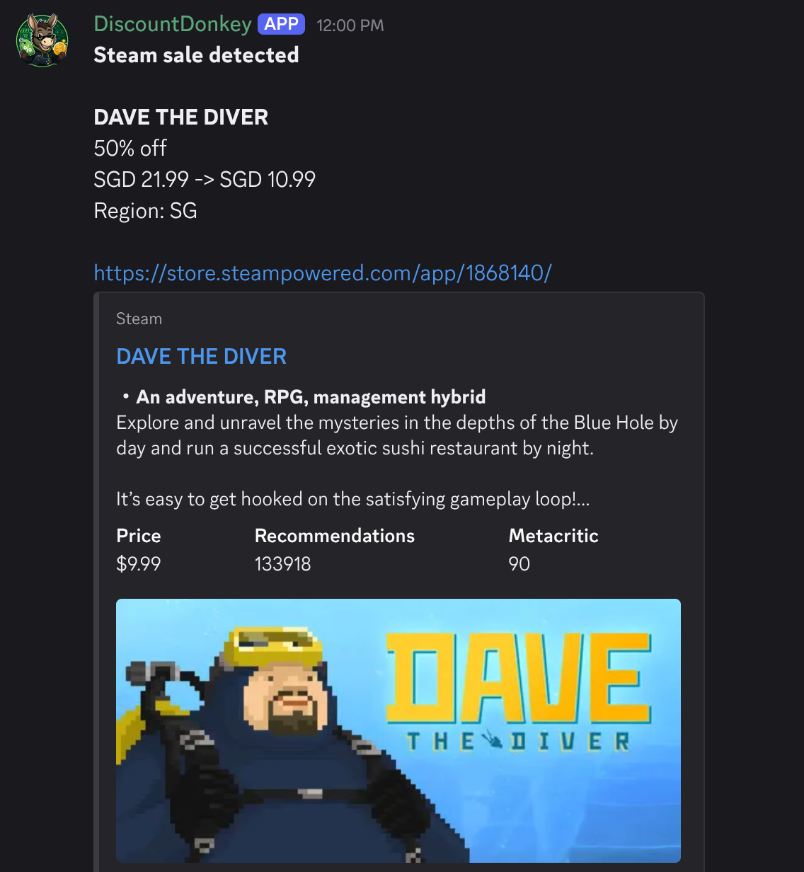 DiscountDonkey alert showing a wishlisted Steam game on sale